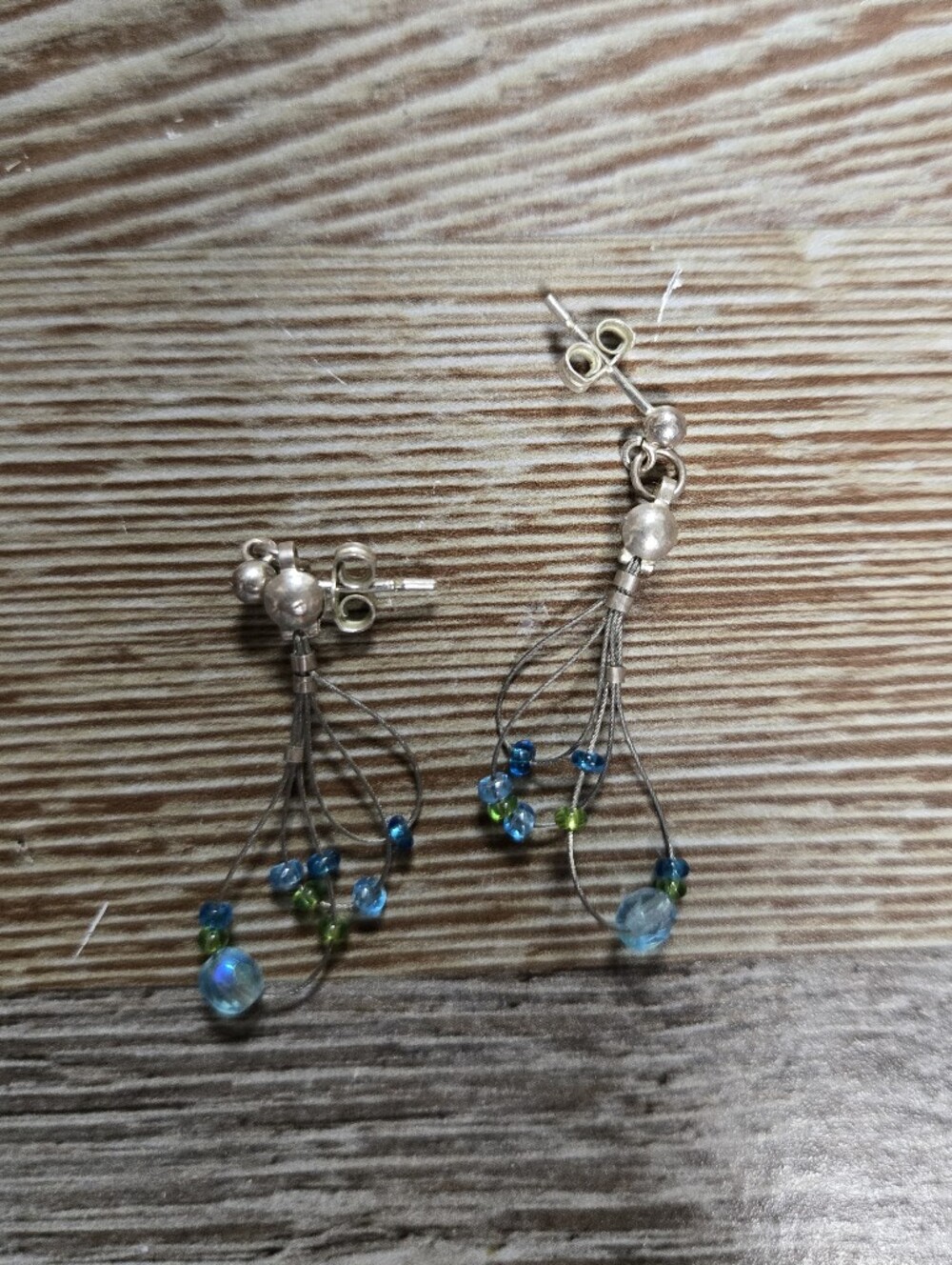 Silver Tassel Earrings with Blue and Green Beads